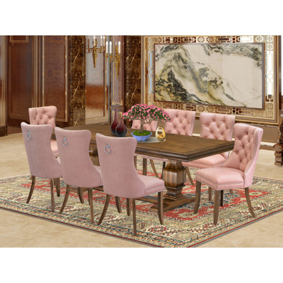 Cet ensemble de table de salle à manger 9 pièces de style Mid-Century comprend une table de salle à manger et 8 chaises de cuisine en polyester beige avec dossier capitonné - Finition noyer antique