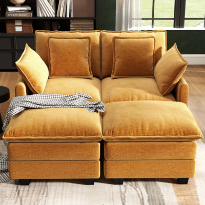 George 57" Upholstered Chenille L Shaped Sectional Loveseat Sofa with Two Ottomans