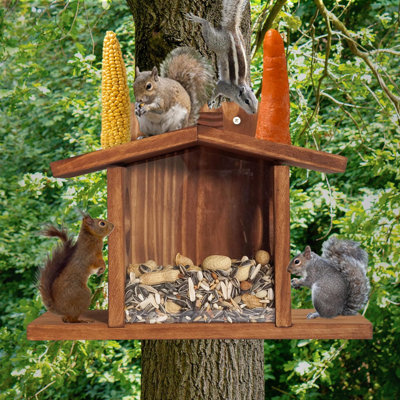 Solid Wood Hanging Squirrel Feeder With Clear Front Panel, Wide Perch Easy Refill