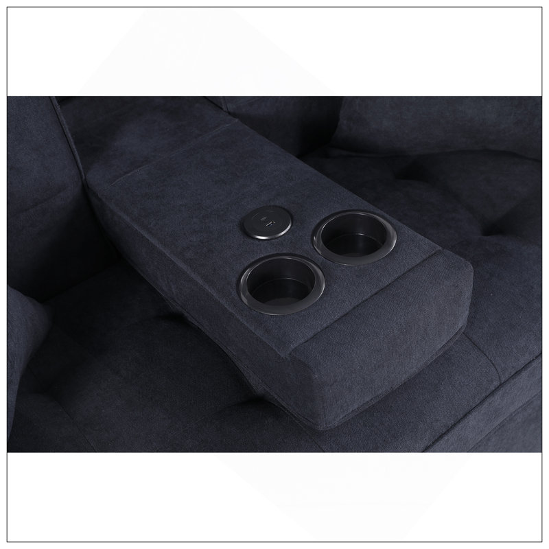 Causeuse convertible en tissu tissé gris foncé de 70 po de largeur avec console rabattable, porte-gobelets, ports de chargement, poche et siège à ressorts ensachés