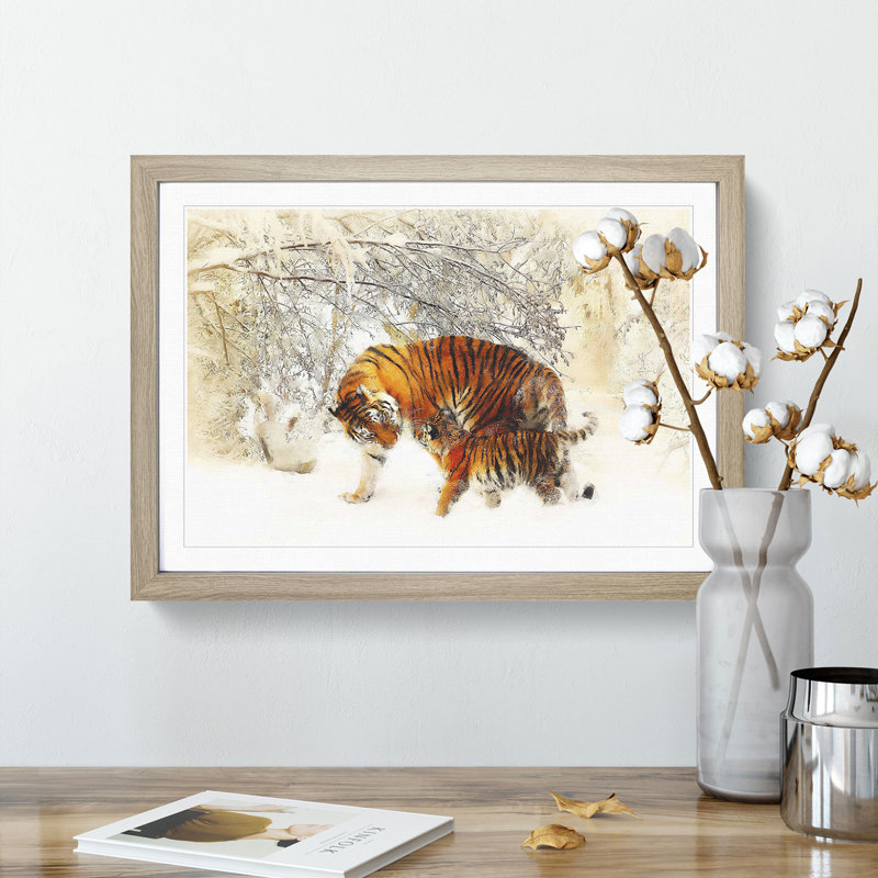 Mother Tiger and Cub in Winter - Picture Frame Graphic Art Print, Oak Framed, 62cm H x 87cm W x 2cm D