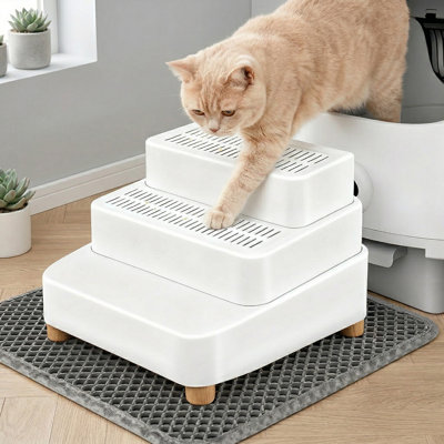 Rampe de litière réglable pour chat en 3 étapes avec tapis et trappeur, conception antidérapante amovible, compatible avec les boîtes automatiques, pour petits et grands chats
