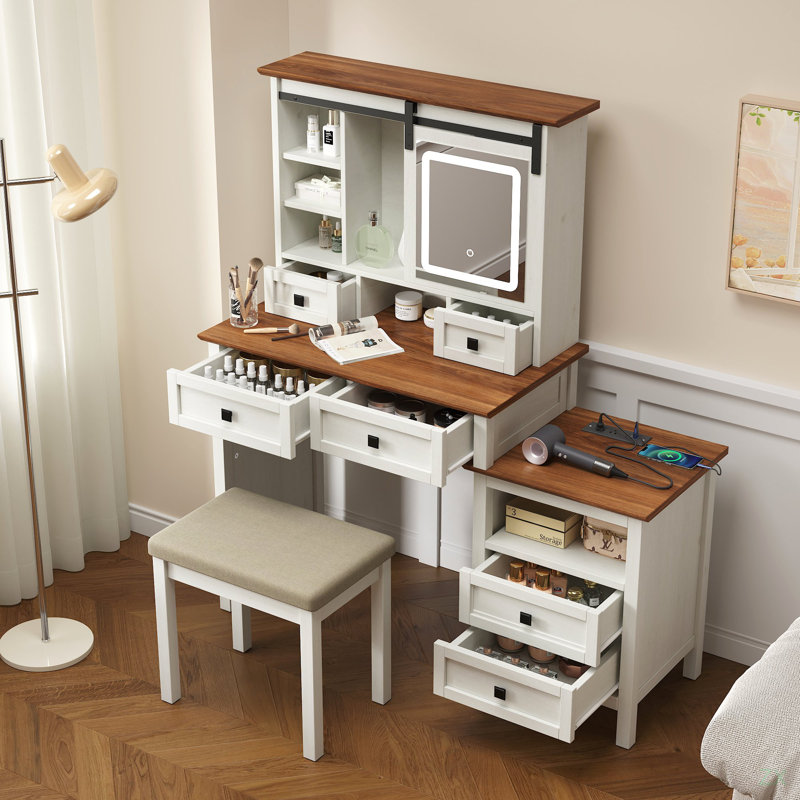 Bureau de coiffeuse 46,5 po avec miroir réglable à DEL et station de charge pour chambre à coucher