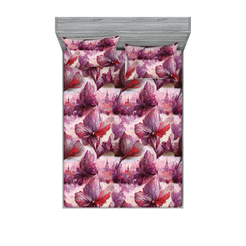 Drap-housse et taies décoratives 3 pièces Ambesonne, Prune, corail, rose pâle / floral
