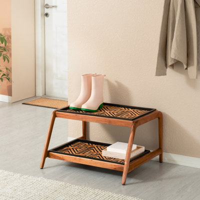 Premium Solid Wood Boot Tray Stand with Natural Coir Mat - Entryway & Mudroom Shoe Organizer
