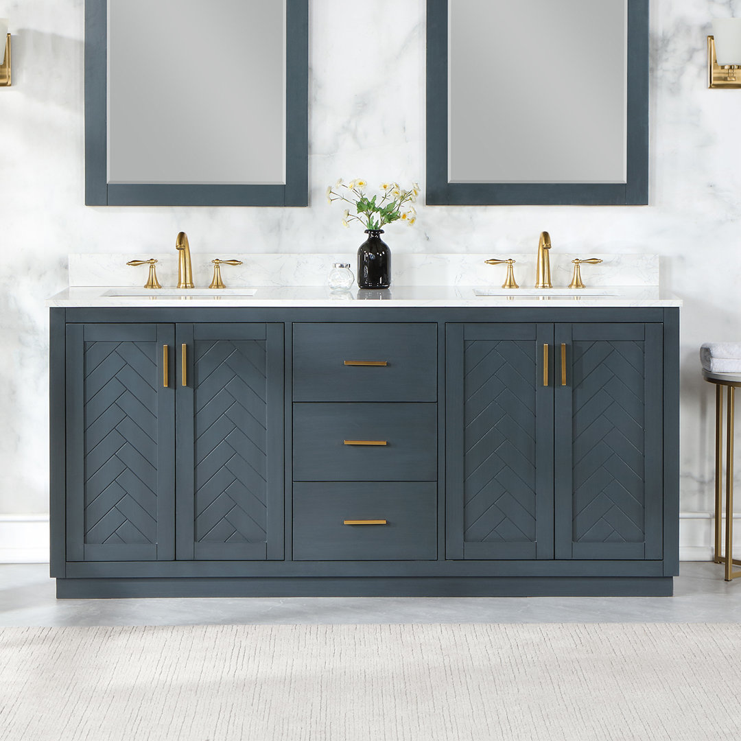 Gazsi 72" Double Bathroom Vanity Set With Grain White Engineered Stone Countertop Without Mirror Rosdorf Park Base Finish: Charcoal Blue