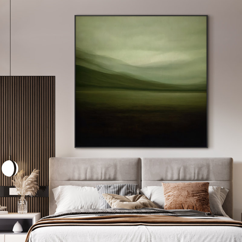 Très grand art mural vert Moody - reproduction abstraite de montagne et de champ pour le salon ou la chambre à coucher, assemblage de cadre requis