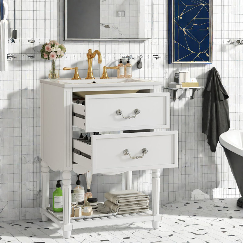 Meuble-lavabo rétro avec élégance, lavabo en céramique et armoire en bois massif