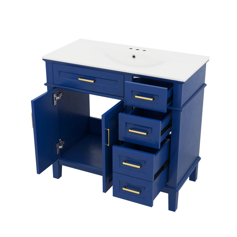 36" Modern Bathroom Vanity With Ceramic Sink, Soft-Close Doors, 4 Drawers For Organization, Blue
