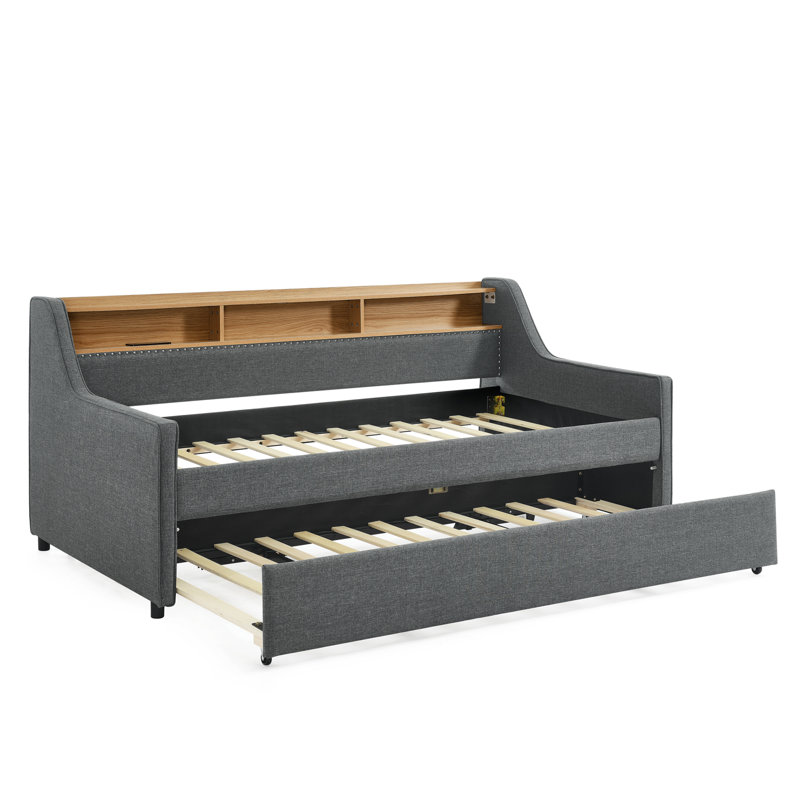 Twin Size Upholstery Sofa Bed With Three LED Lights, With Storage Adjustable Headboard, With Foldable Leg Pull Up Trundle Bed And Wireless Charging, Linen Padded Sofa Bed Frame