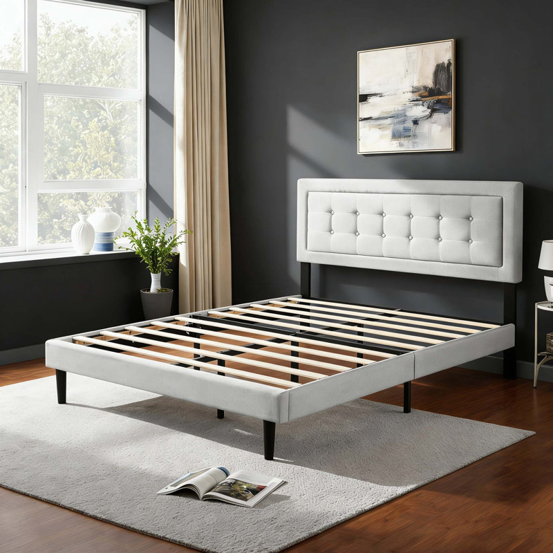 Structure de lit plateforme tapissier avec assemblage facile, Light Grey