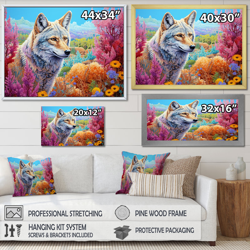 «Native Coyote Horizon» sur toile, Cadre doré simple, H 24 po x l 32 po x P 1 po