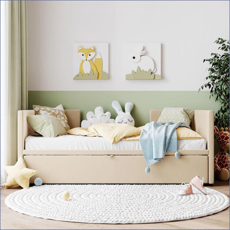 Twin Size Upholstered Daybed with Pop-Up Trundle, Beige - Plywood Frame for Guest Room &amp; Multi-Functional Spaces