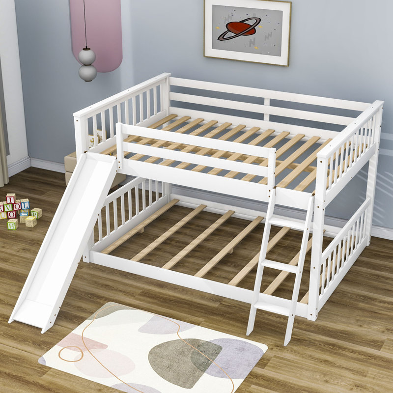 Rines Kids Full Over Full Bunk Bed with Slide and Guardrails, White