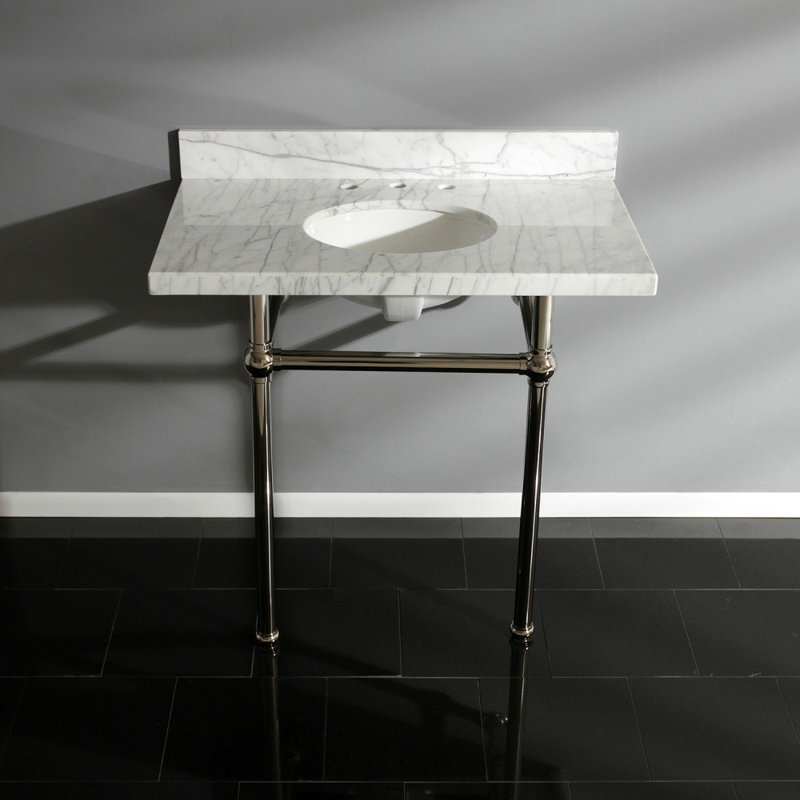 Kingston Brass Templeton 36-Inch Carrara Marble Vanity Top with Brass Legs (8-Inch, 3-Hole), Carrara Marble/Polished Nickel