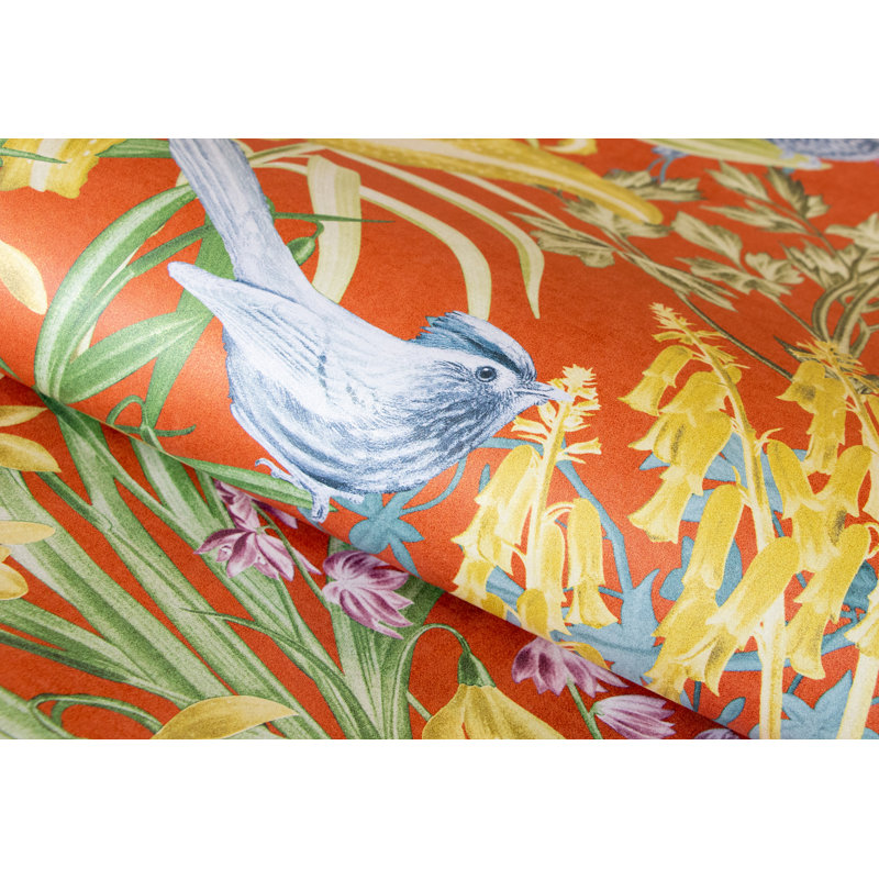 Harldson Mo'orea Inspired Flowers And Birds 8.5 m x 70cm Wallpaper Roll, Red Apple