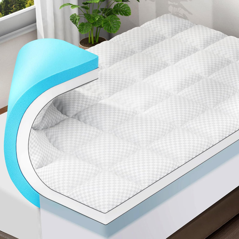 Dual-Layer 4 Inch Memory Foam Mattress Topper For Back Pain, 2 Inch Cooling Pillow Top Mattress Pad Cover And 2 Inch Gel Memory Foam Topper, Deep Elastic Pocket, White
