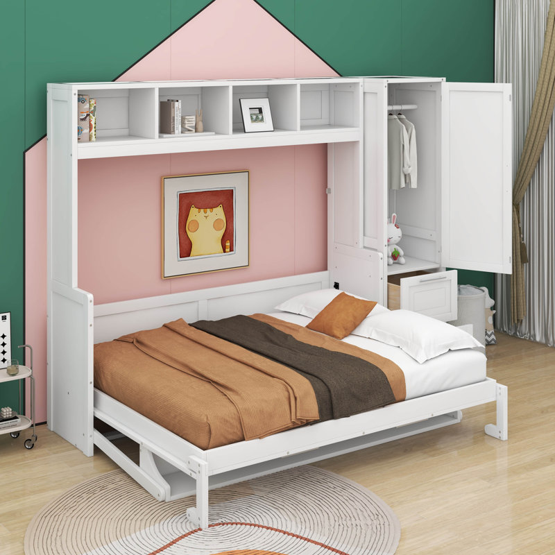 Grand lit escamotable avec placard et tiroirs, Blanc