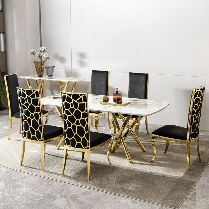 Table rectangulaire en marbre avec fabrication en acier inoxydable doré, pour 6 à 8 sièges