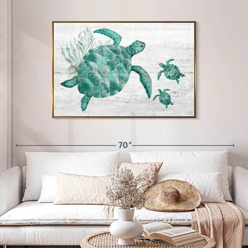 Famille de tortues en bois, 46 po x 31 po, Cadre flottant doré