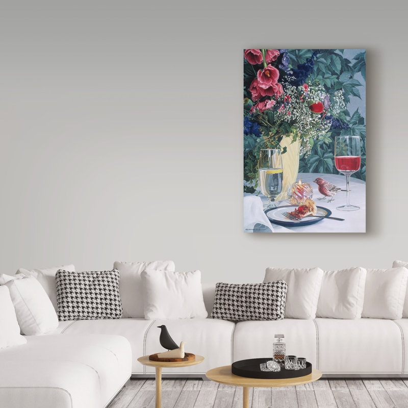 Modern Symmetrical Framed Canvas Art with Bird and Wine Glass