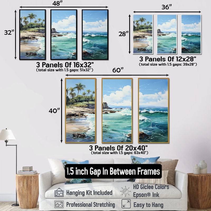 Ensemble de salon d'art mural palmiers turquoise et palmiers tropicaux, Cadre naturel flottant, H 32 po x l 48 po x P 1 po