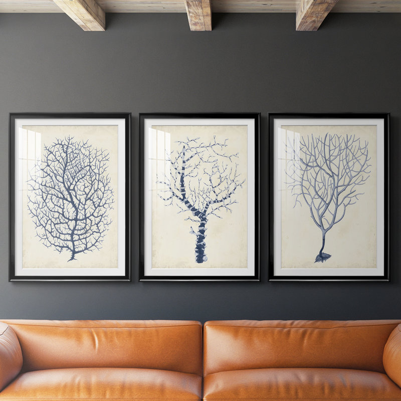 Indigo Coral I - Impression sur mesure encadrée de qualité supérieure - 3 pièces, H 21 po x l 30 po, Noir