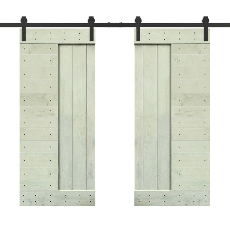 Porte de grange à panneaux et en bois avec quincaillerie d'installation, 84 po x 84 po, Vert sauge