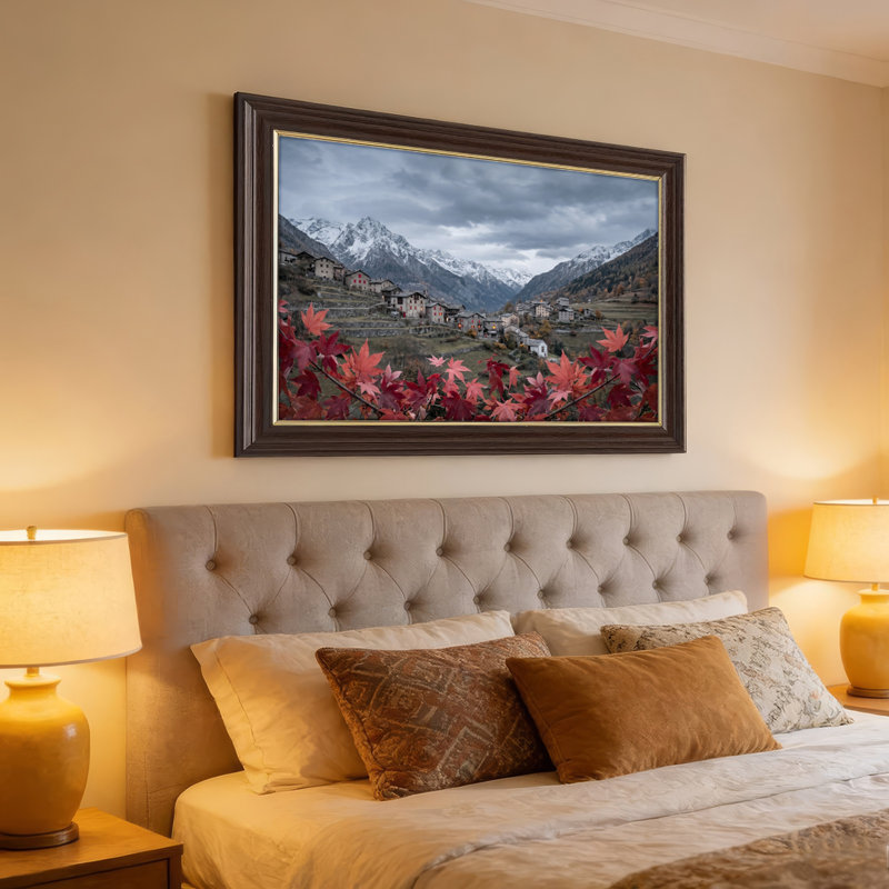 Art mural antique sur toile encadré doré pour le salon, la chambre à coucher, le bureau ou le vestibule - décoration murale décorative avec village de montagne