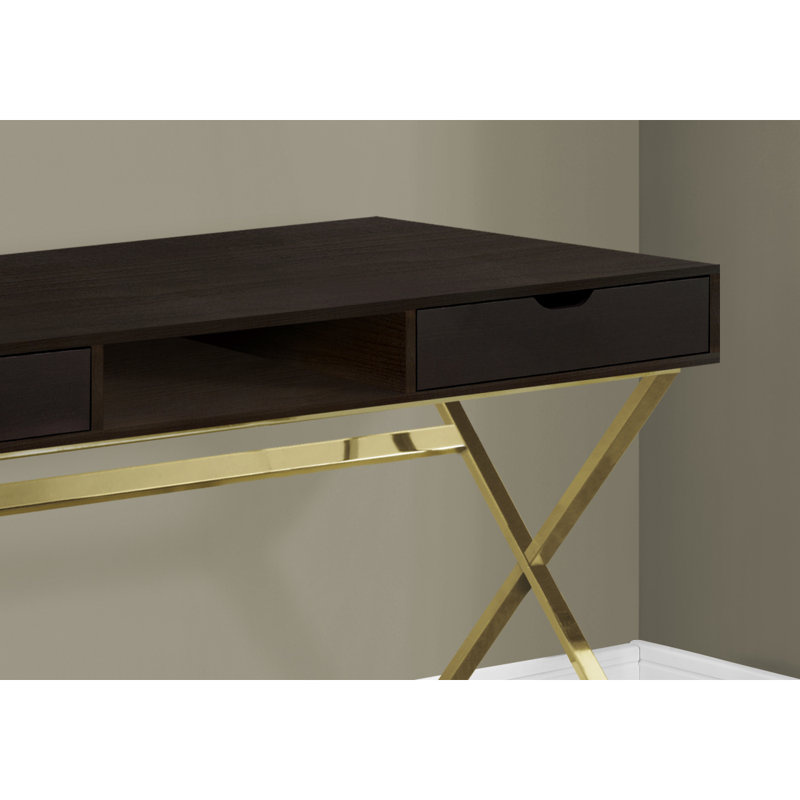 Bureau d'ordinateur, bureau personnel, ordinateur portable, tiroirs de rangement, L 48 po, travail, stratifié brun, métal doré, contemporain, moderne
