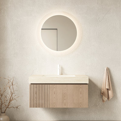 Meuble-lavabo de 36 po avec comptoir en pierre frittée et lavabo en céramique, porte de tiroir flottante en contreplaqué, pré-assemblé, brun, grand espace de rangement, meuble-lavabo à fermeture en douceur et comptoir, long