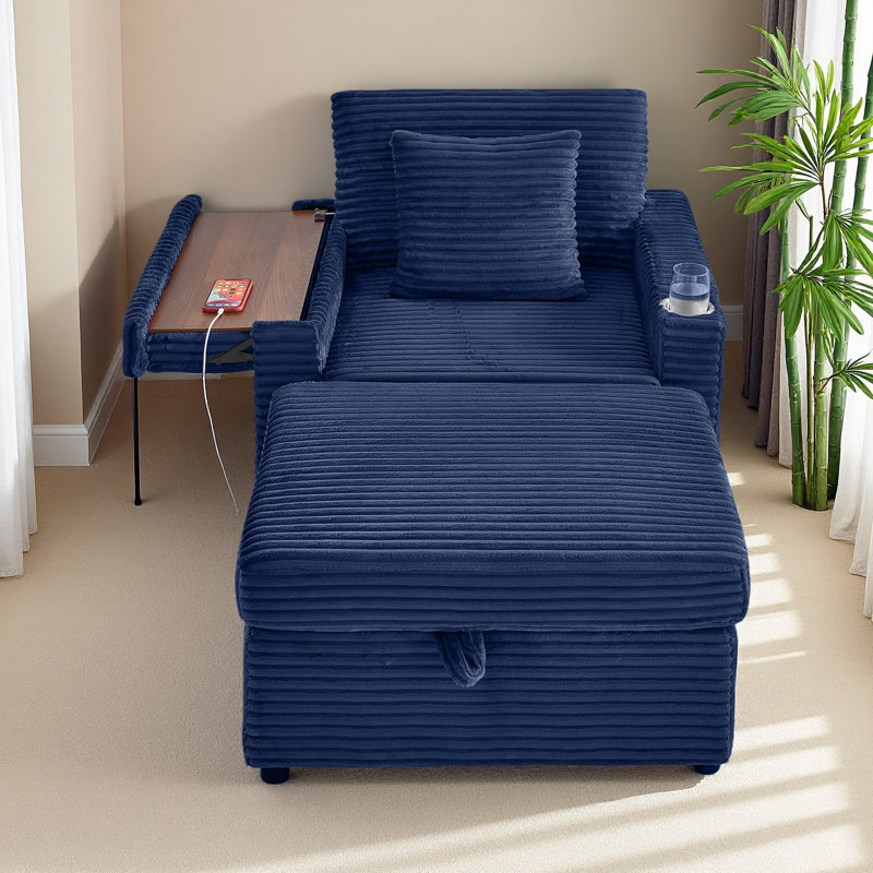 Canapé confortable moelleux en velours côtelé, espace de rangement pour une grande chaise simple, méridienne super douce avec repose-pieds et table