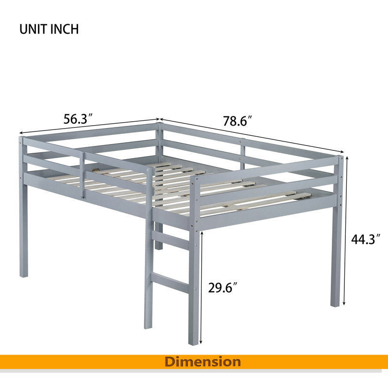 Full Rubber Wood Loft Bed With Ladder, Gray