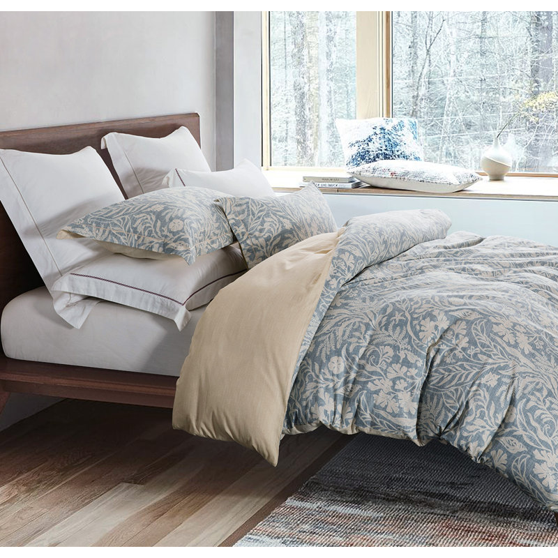 SLEEPBELLA Duvet Cover Queen Size, 600 Thread Count Cotton Beige & Bluish Grey Printed With Luxurious Leaves Pattern Reversible Botanical Comforter Cover Sets, Bedding Set 3Pcs