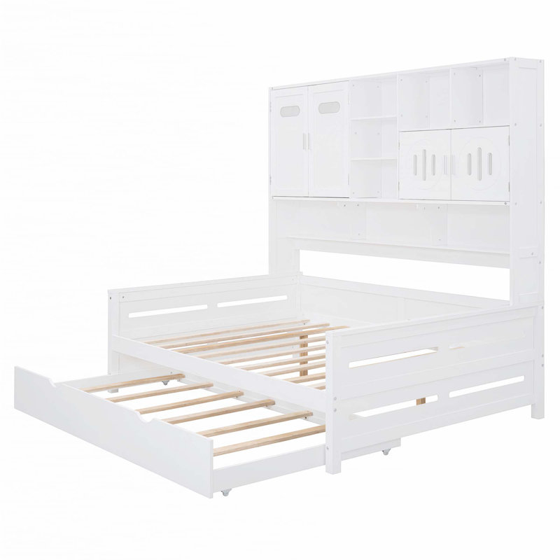 Lit de jour en bois avec lit gigogne, armoire et tablette tout-en-un, Complet/Double, Blanc