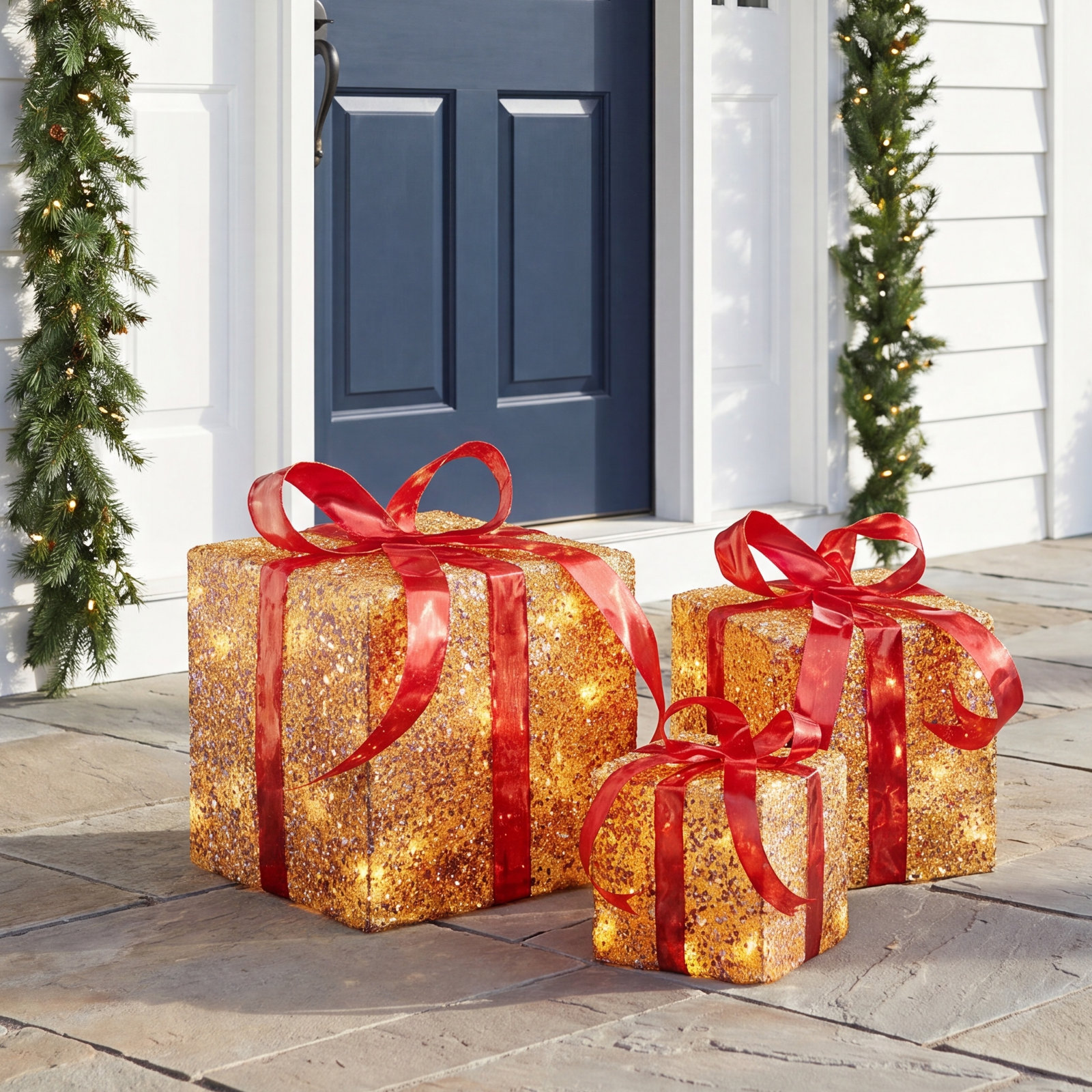 Pre-Lit Sisal Gift Box Set, 16" H x 15" W x 15" D, Gold with Red Bows