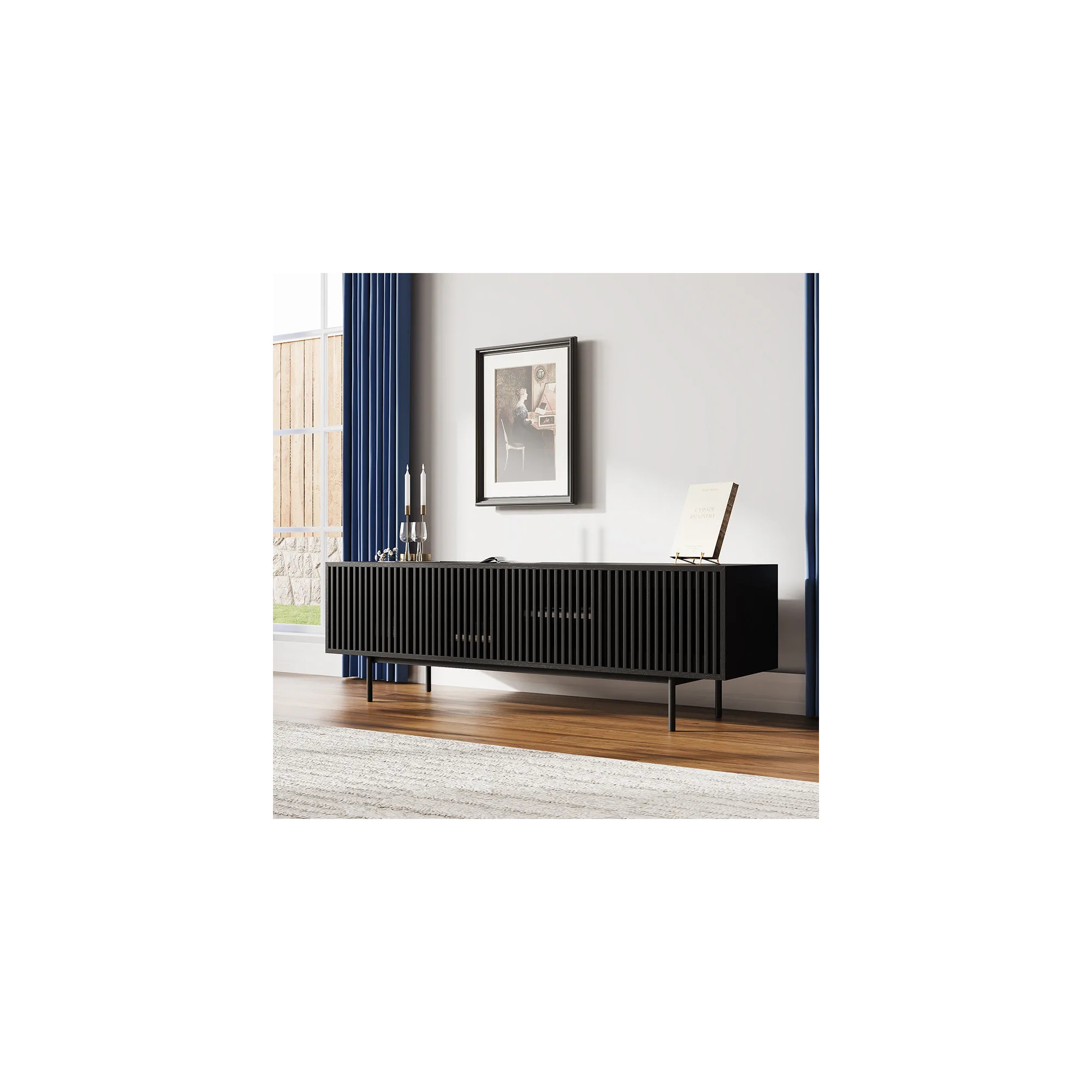 Mid-Century Modern TV Stand, 21.26" H x 71" W x 18.89" D, Black