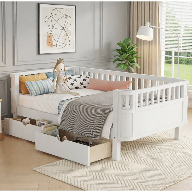 Lit plateforme en bois polyvalent avec rangement, Lit simple, Blanc