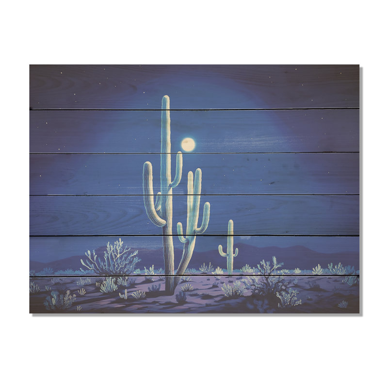Cactus saphir solitude - Art mural en bois de cactus sur bois de pin naturel, H 30 po x l 40 po