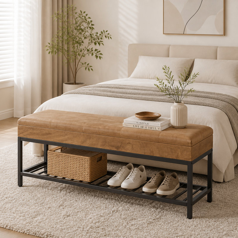 Banc à chaussures 55 po avec coussin, banc d'entrée à 2 niveaux avec structure en métal
