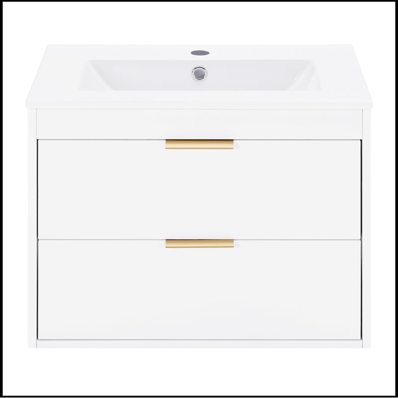 24" floating wall mounted bathroom vanity with white ceramic sink and drawer storage, White