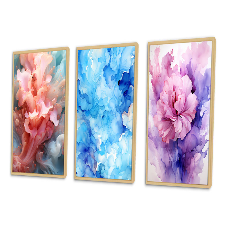 Ensemble de 3 pièces d'art abstrait bleu et rose clair, H 20 po x l 36 po, Cadre naturel flottant