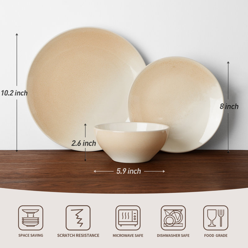 Ellwood 12 Piece Dinnerware Set, Dish Set for 4, Coral Yellow