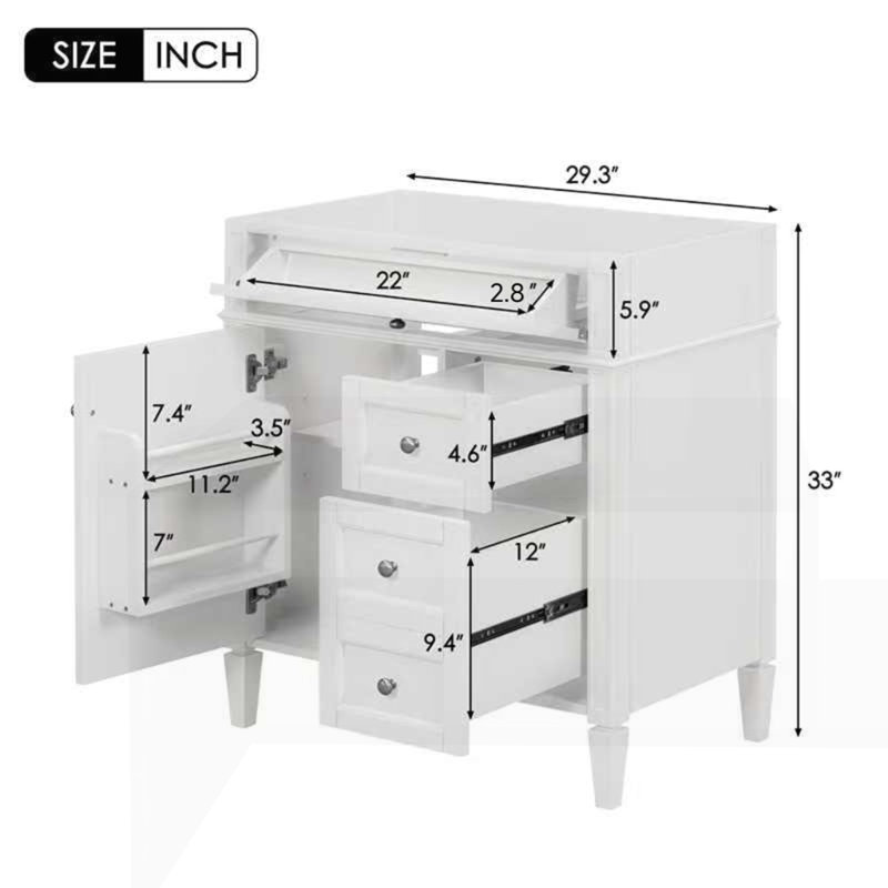 30" Bathroom Vanity without Top Sink, White