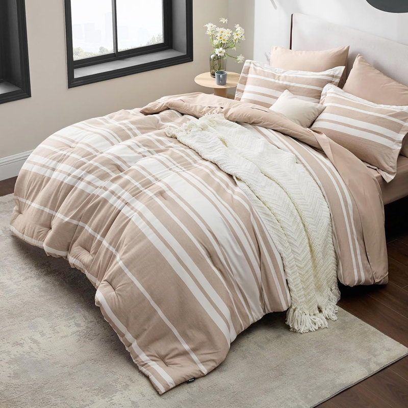 Bedsure Comforter Set 7 Pieces,Cationic Dyeing Bed in a Bag with Comforter, Sheets, Pillowcases & Shams, Mocha Meringue