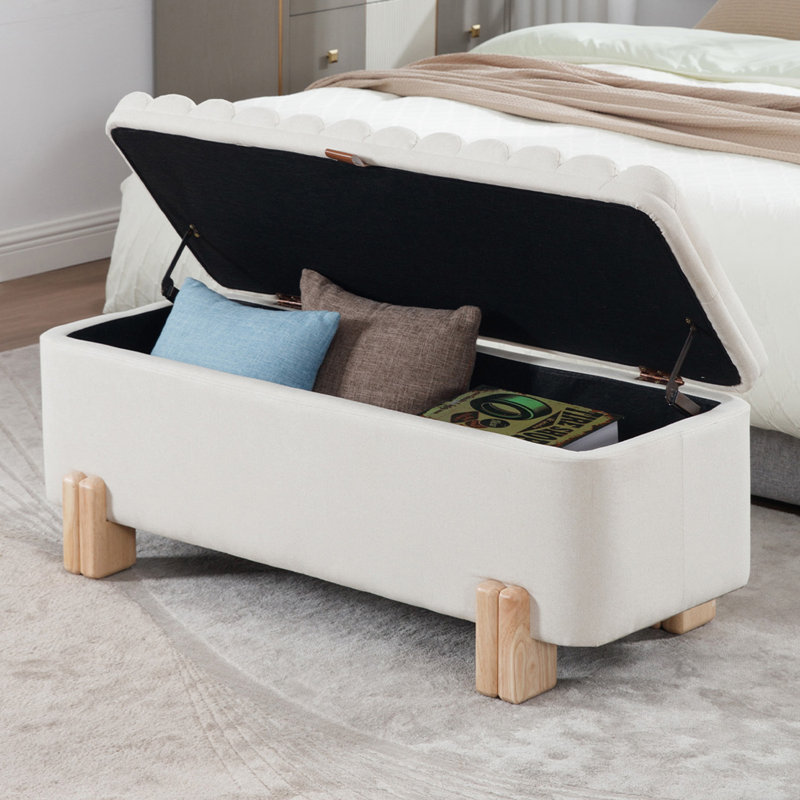 Banc de rangement rembourré à dessus rabattable avec pieds en bois massif, Lin beige, Crème, crème