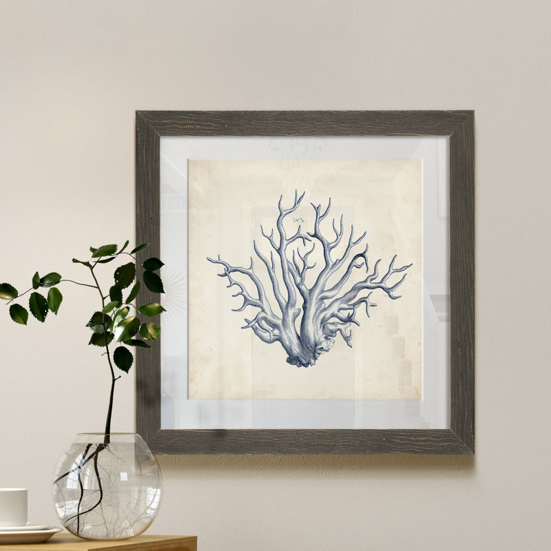 Corail trio dans indigo II-reproduction d’art sur toile encadrée, H 35,5 po x l 35,5 po x P 1,5 po, Encadré gris