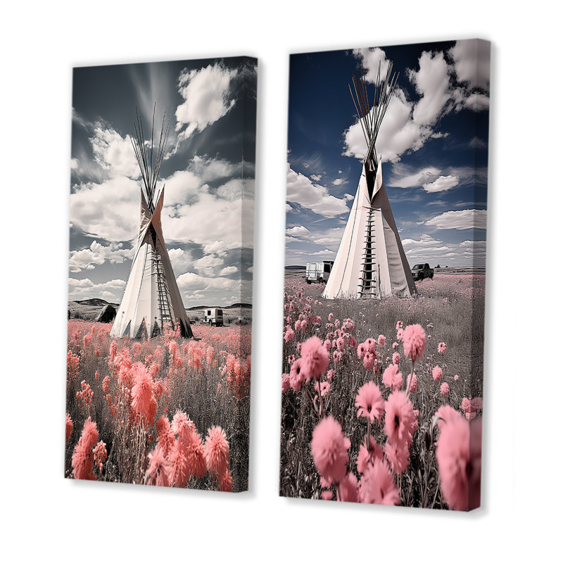 «Coral Gray Native Tipi Serenitys Embrace», 2 pièces, H 24 po x l 20 po, Toile tendue