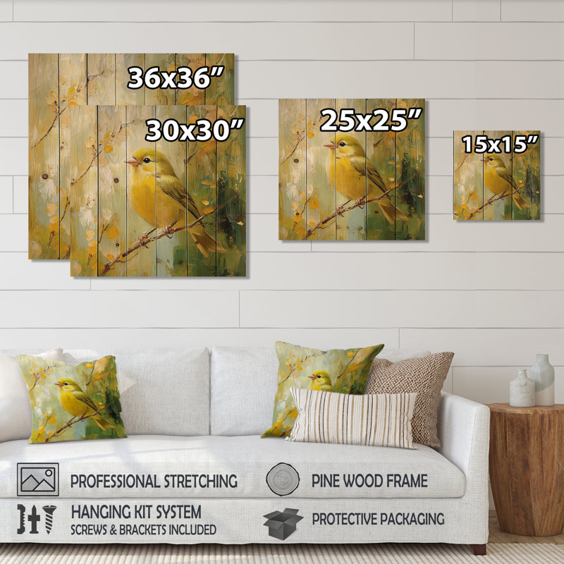 Finch oiseau dans la forêt brise I - Art mural en bois oiseau - sur bois de pin naturel, H 25 po x l 25 po x P 0,78 po