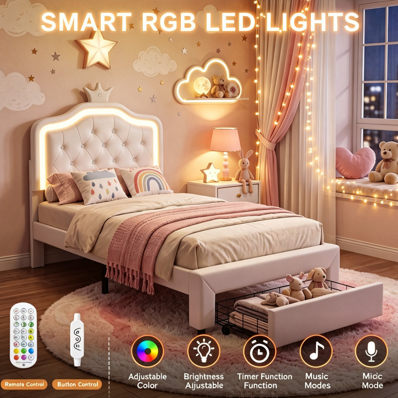 Warmth Single Bed Frame Kids Bed With LED, PU Upholstered Bed With Drawer And Adjustable Height Headboard, Platform Bed Frame With Solid Wood Slats, Easy Assembly